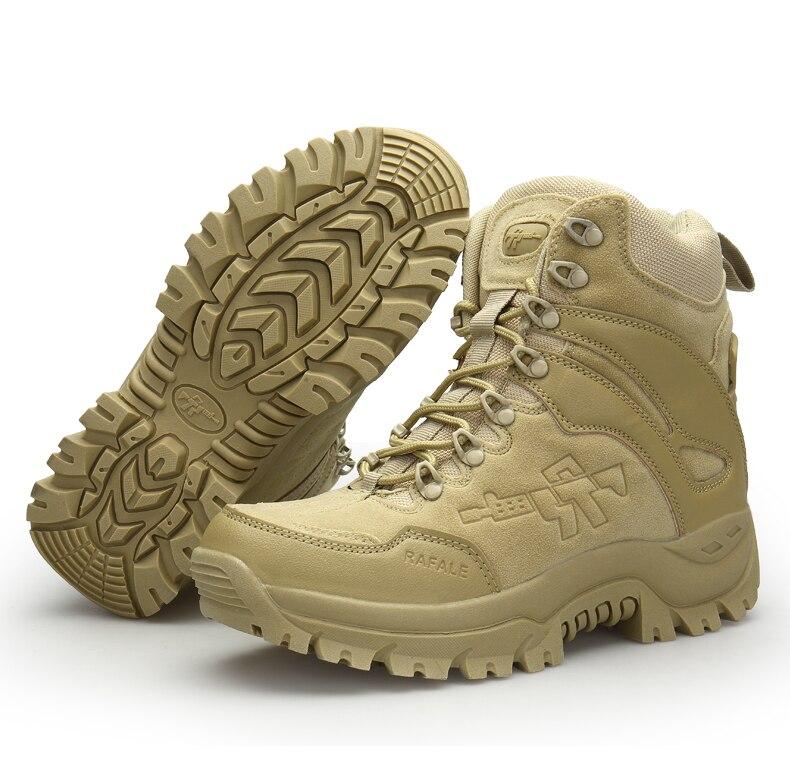 Men's tactical military boots in tan color, designed for comfort and winter weather, featuring a durable rubber outsole.