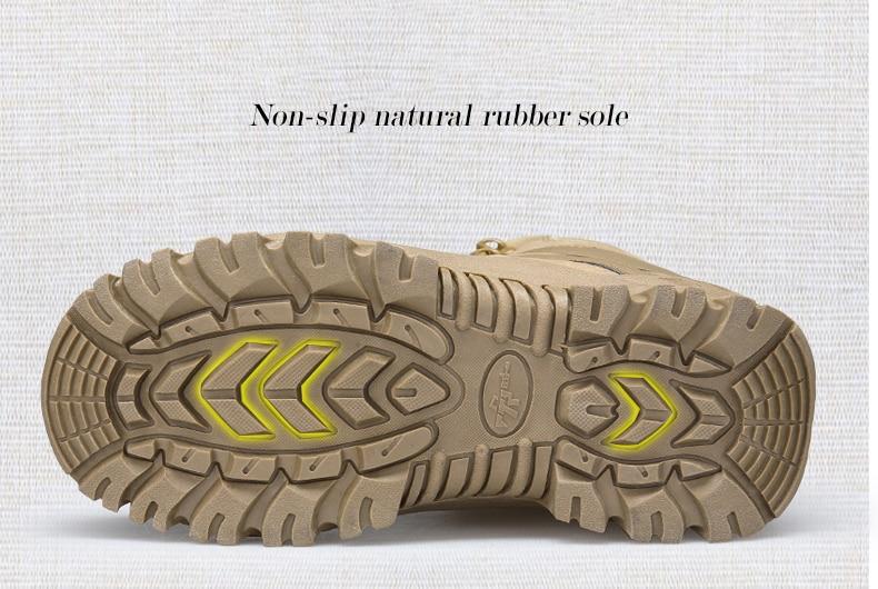 Close-up of non-slip natural rubber sole of tactical military boots with distinctive tread design.