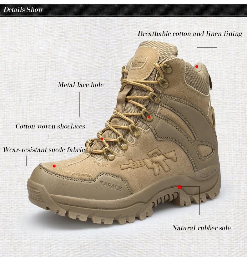 Men's tactical military boots with breathable lining, wear-resistant fabric, and rubber sole for outdoor adventures.