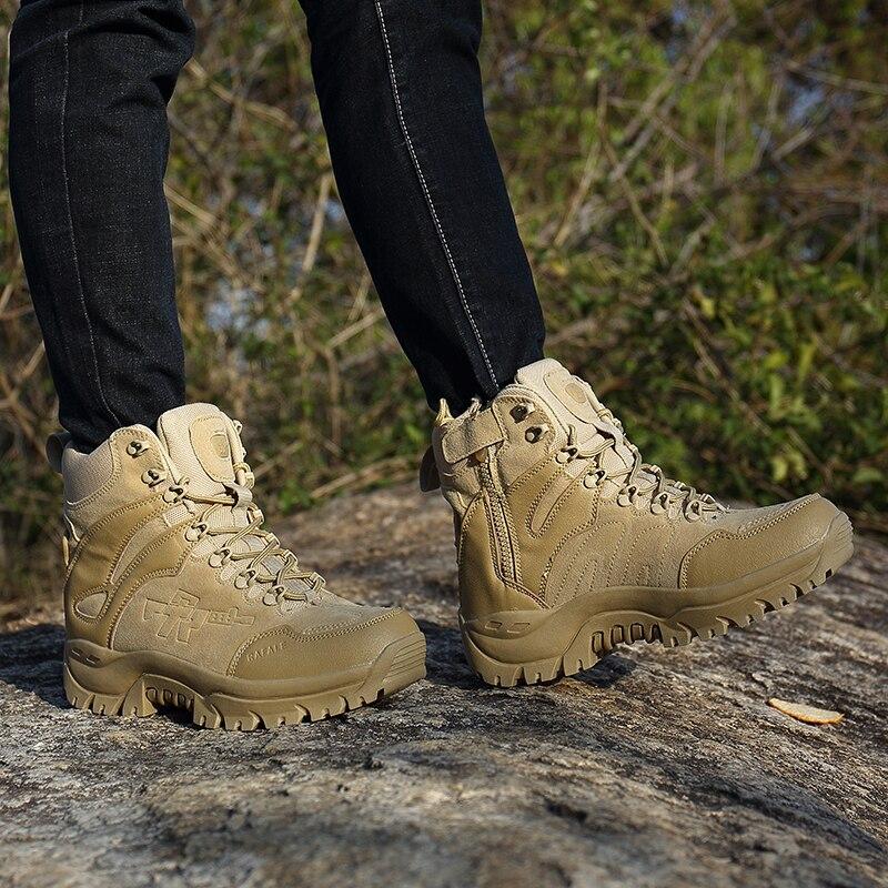 Men's tactical military boots in khaki, perfect for outdoor adventures and winter weather.