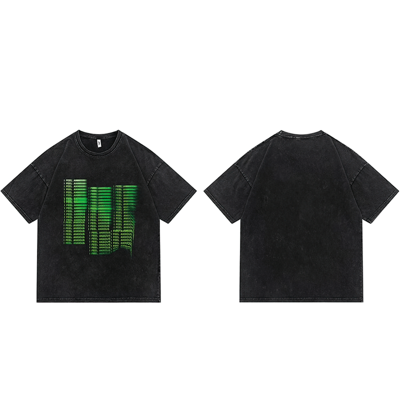 Casual black t-shirt with green illusion letter print, featuring a modern oversized cut and short sleeves.