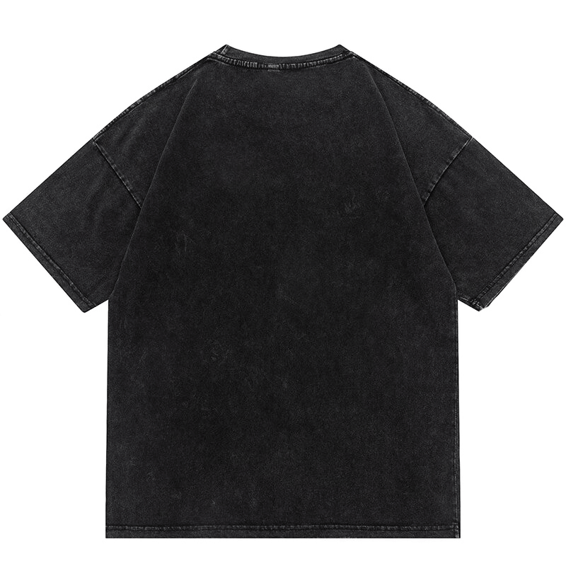 Back view of a casual illusion letter printed black cotton t-shirt with short sleeves and modern cut.