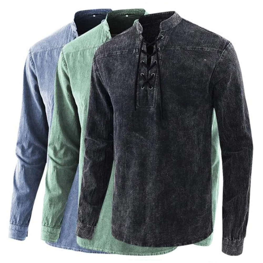 Comfortable Lace-up V-neck Shirt for Men / Long Sleeve Linen Blouses in England Style - HARD'N'HEAVY