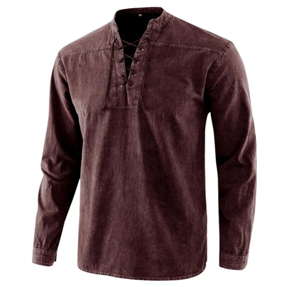 Comfortable Lace-up V-neck Shirt for Men / Long Sleeve Linen Blouses in England Style - HARD'N'HEAVY