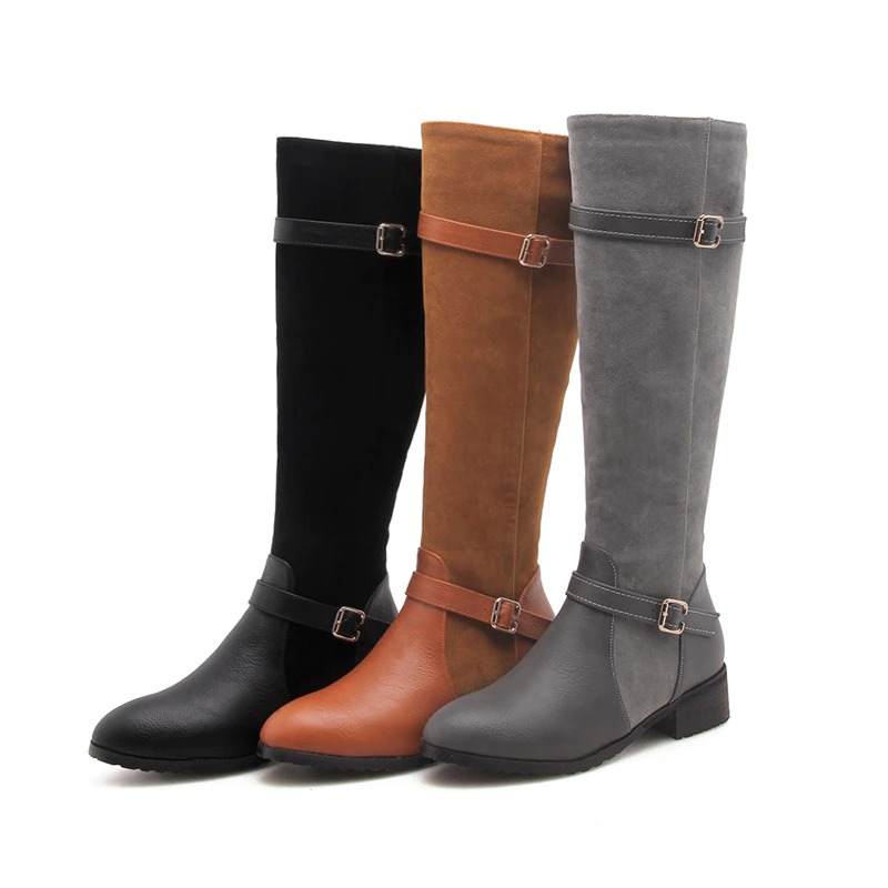Ladies knee high boots in black, brown, and gray PU leather with low heels for casual everyday style.