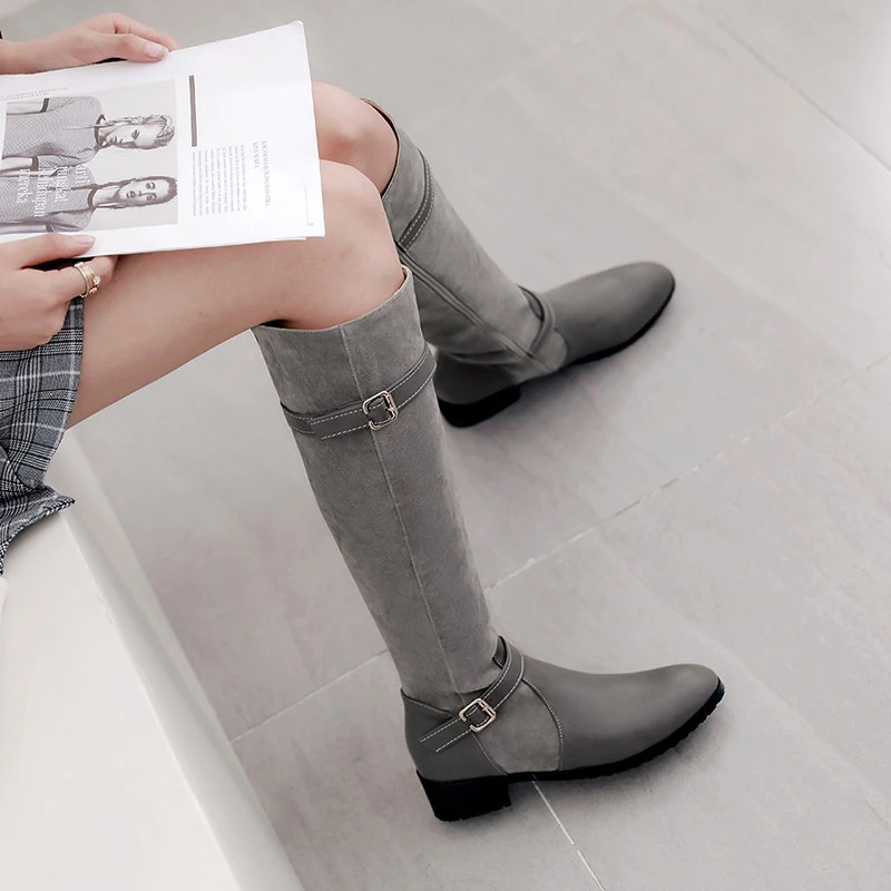 Stylish ladies knee high boots in gray PU leather, perfect for casual wear and daily walking.