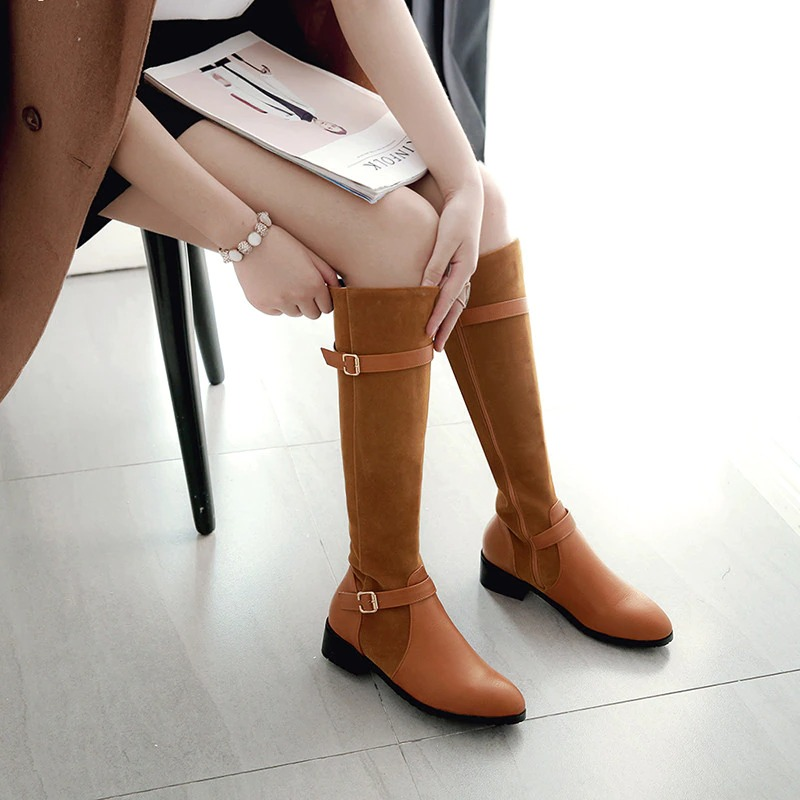 Stylish women's knee high boots in brown PU leather, perfect for casual wear and daily walking.