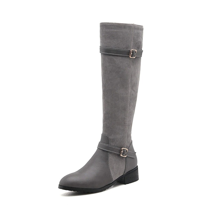 Stylish gray knee high boots made of PU leather and suede, perfect for casual everyday wear.