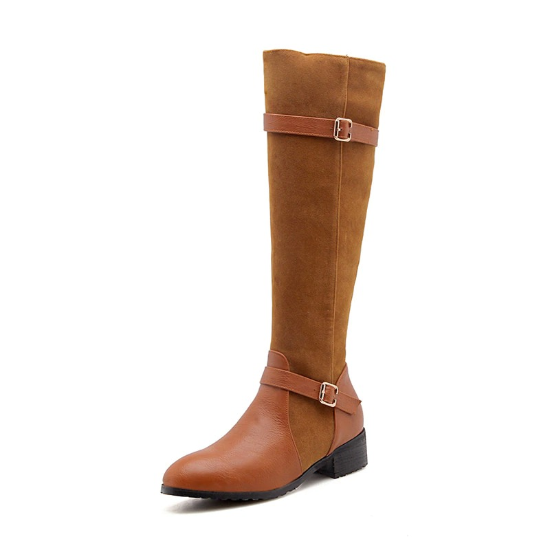 Ladies knee high boots in brown PU leather and suede, featuring a low heel and stylish buckle for casual wear.