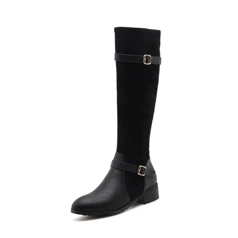 Stylish ladies knee high boots in black PU leather and suede with low heel, perfect for casual wear and daily walks.