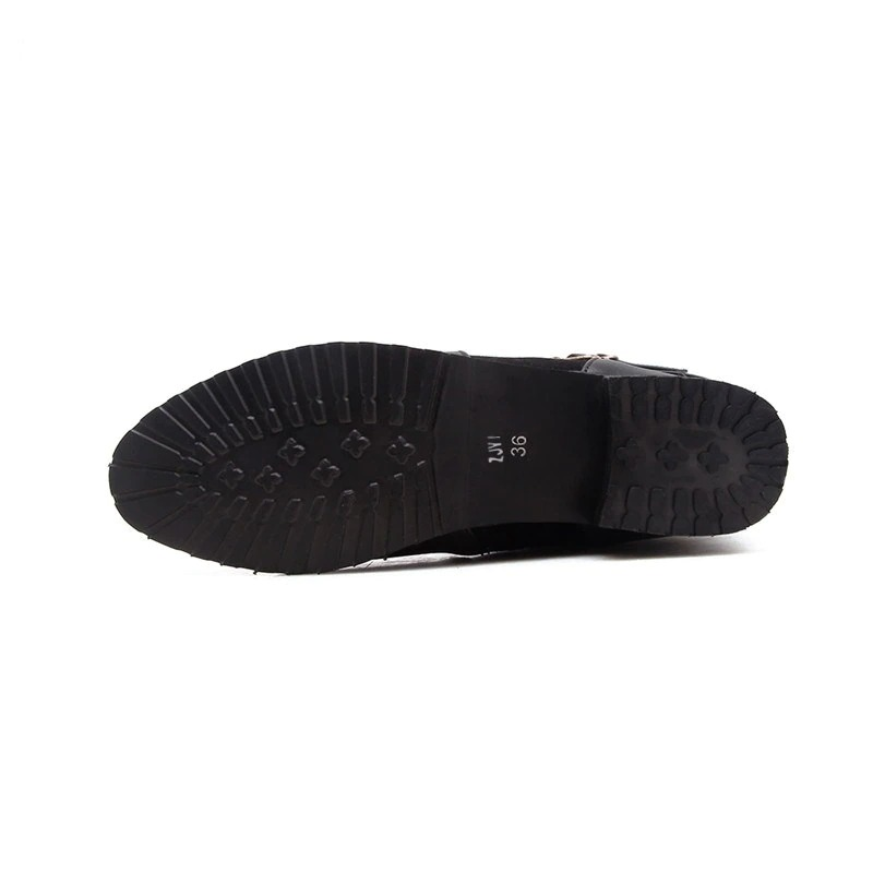 Black PU leather boot sole with textured grip pattern, part of stylish low heel casual women's knee high boots.