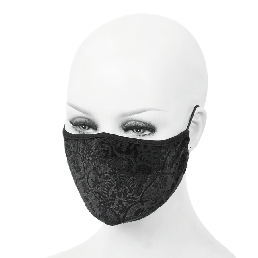 Black unisex mask with elegant baroque patterns, gothic style, featuring adjustable elastic cord for comfort.