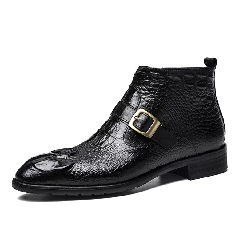 Stylish black leather men's boots featuring a decorative buckle and sleek design, perfect for winter wear.