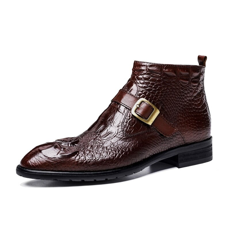 Brown genuine leather lace-up men's boots with buckle, perfect for warm winter casual wear.