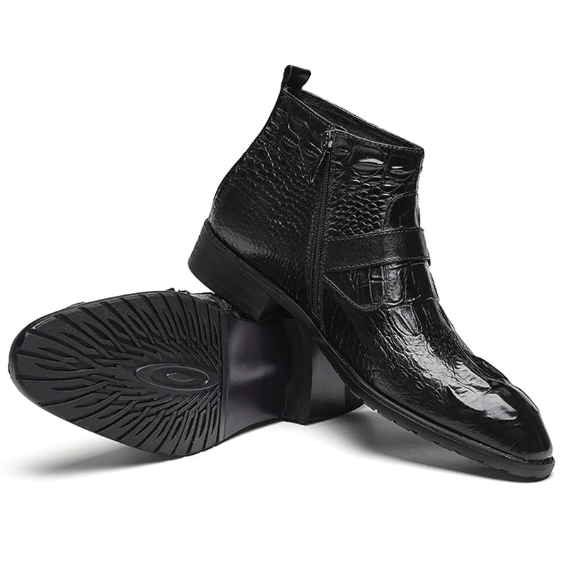 Lace up men's black leather boots with zipper, perfect for winter wear and versatile with any outfit.