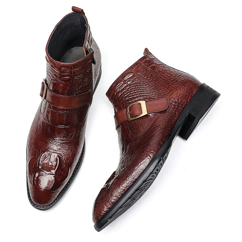 Stylish genuine leather lace-up men's boots in rich brown with a decorative belt, perfect for winter wear.