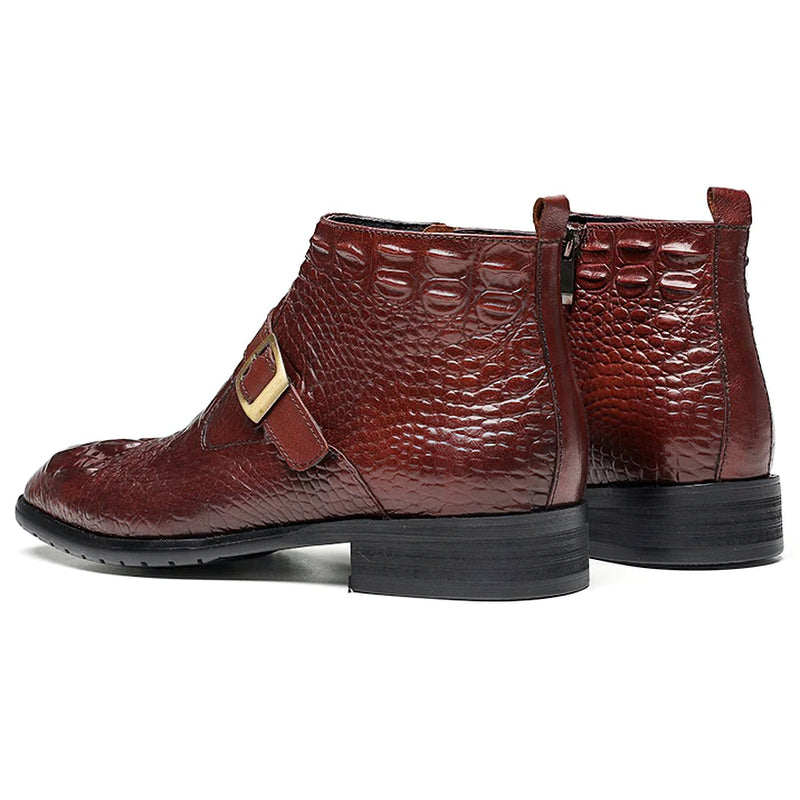 Stylish brown lace up men's boots made from genuine leather, featuring a zip and decorative belt for winter wear.