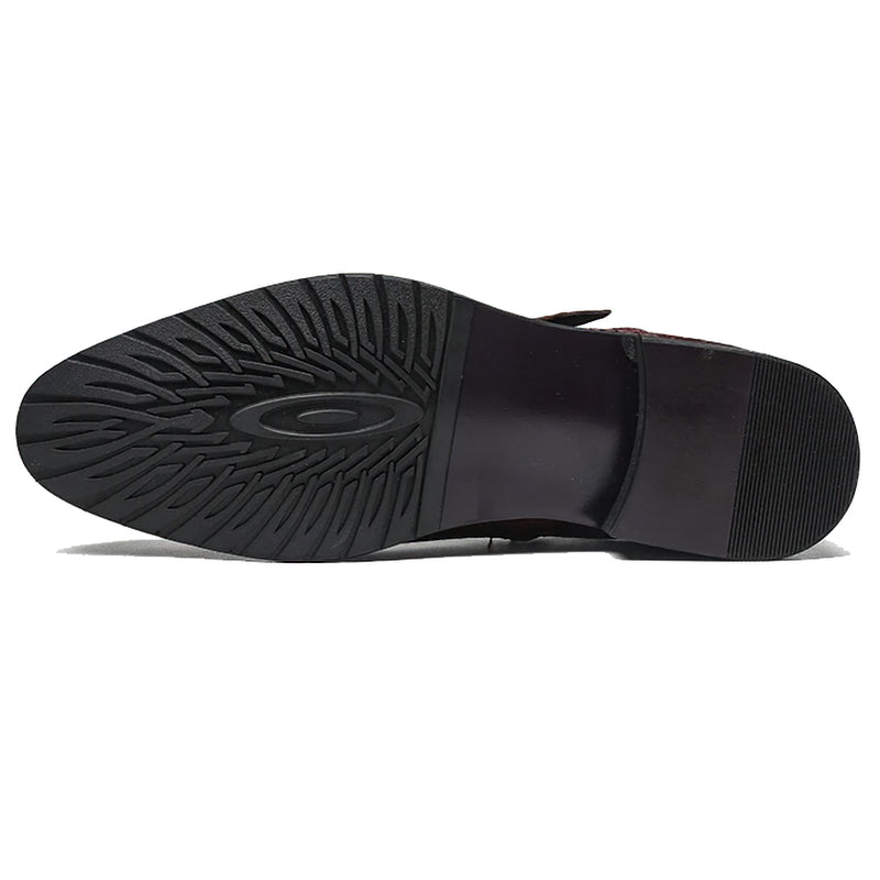 Sole of lace-up men's genuine leather winter boots with stylish tread design for traction and comfort.