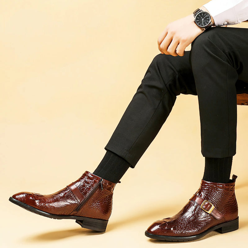 Lace up men's genuine leather boots in brown, stylish winter shoes with a buckle and zip, perfect for any outfit.
