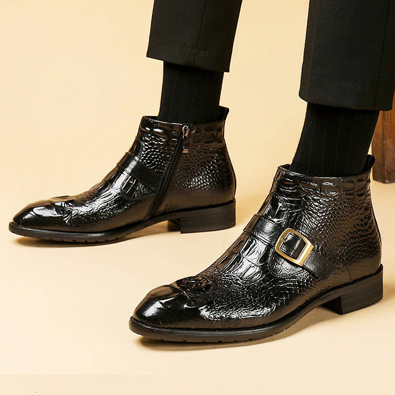 Stylish black genuine leather men's lace-up boots with a decorative belt and zip for winter comfort.