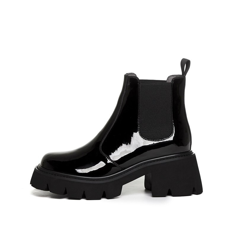Stylish square heel women's ankle boots in glossy black with a simple round toe and chunky rubber sole.