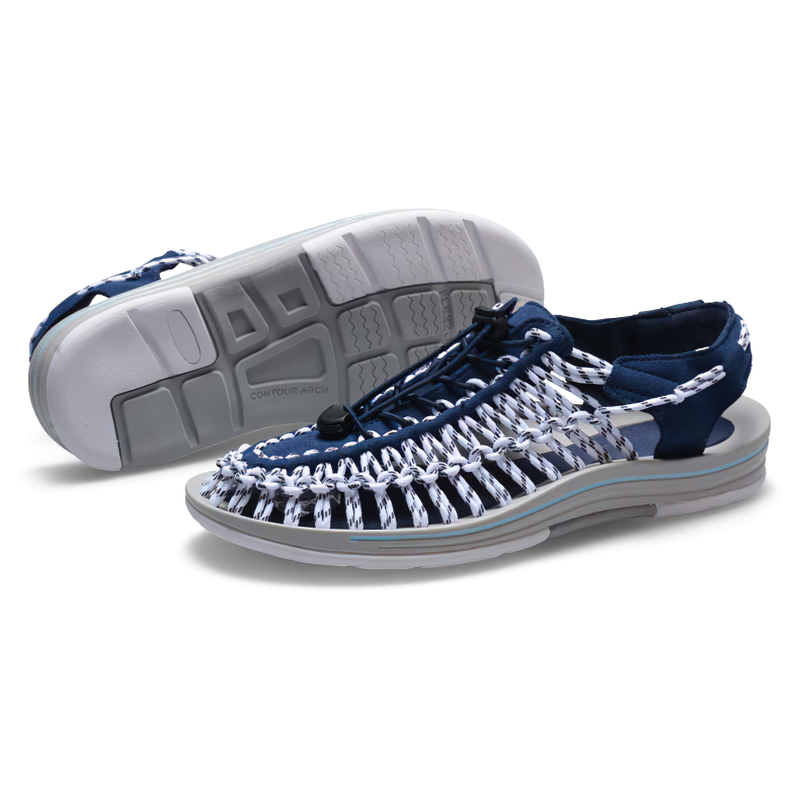 Summer genuine leather sandals for men featuring elastic-tied design and comfortable rubber sole, perfect for casual outings.