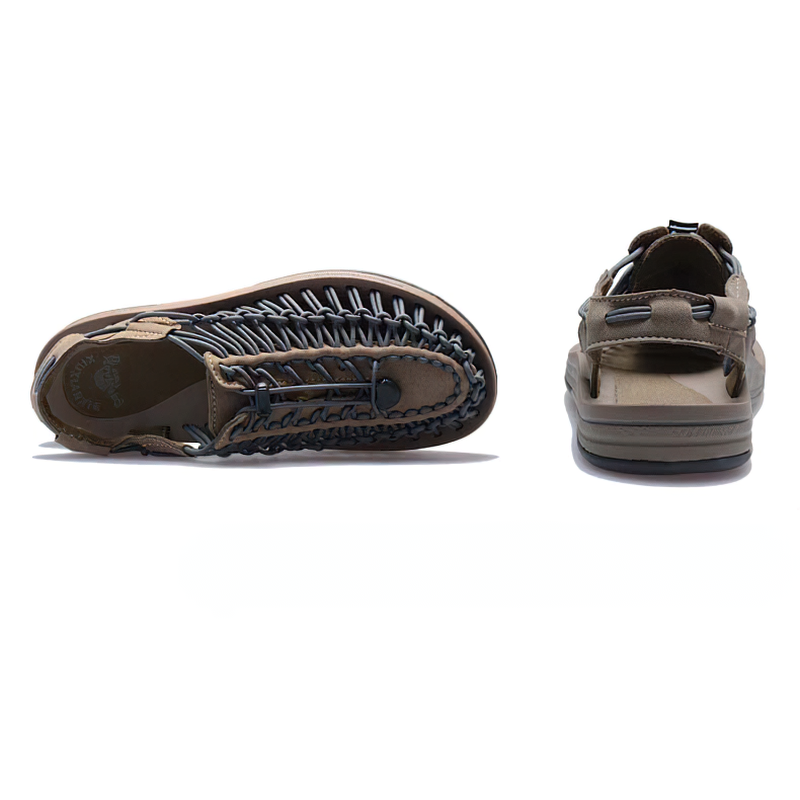 Summer genuine leather sandals for men featuring unique elastic-tied design and comfortable lace-up ankle wrap.