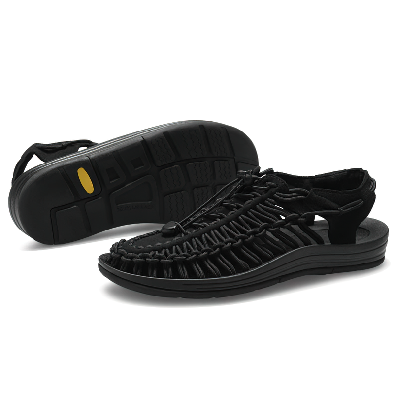 Cool summer black genuine leather sandals for men with elastic-tied design and comfortable rubber sole.