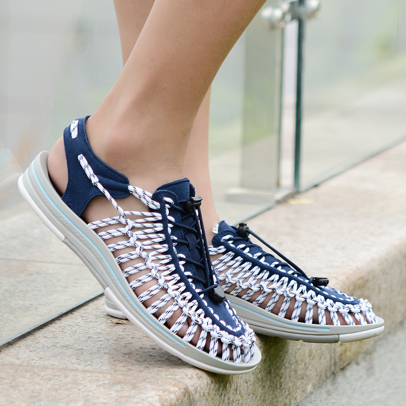 Summer genuine leather sandals for men with unique elastic-tied design for comfort and style.