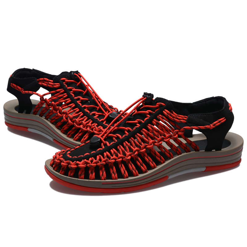 Summer genuine leather sandals for men with elastic-tied design in red and black, perfect for comfort and style.