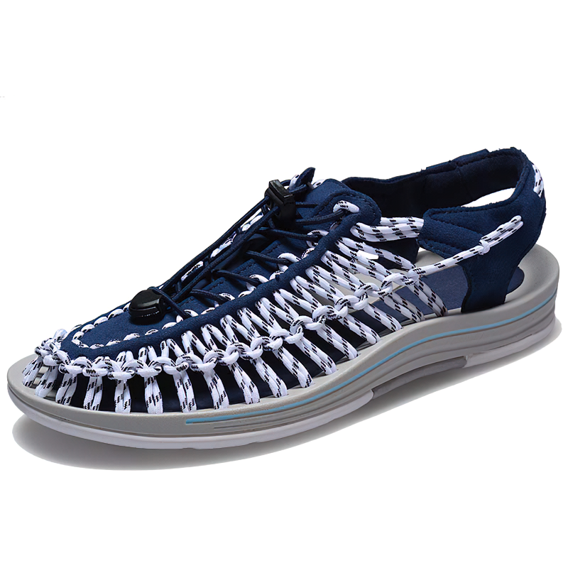 Blue summer sandals for men, featuring elastic-tied design and lace-up closure, perfect for comfort and style.