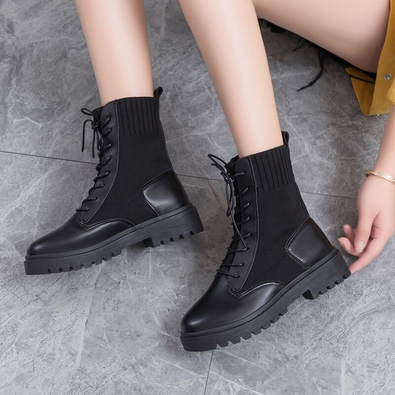 Comfortable Warm Lace Up Ankle Boots / Casual Flats Round Toe Platform Shoes - HARD'N'HEAVY
