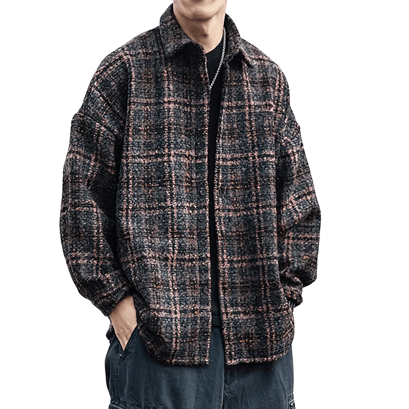 Men's thick woolen plaid shirt, casual style, long sleeves, perfect for layering and comfort.
