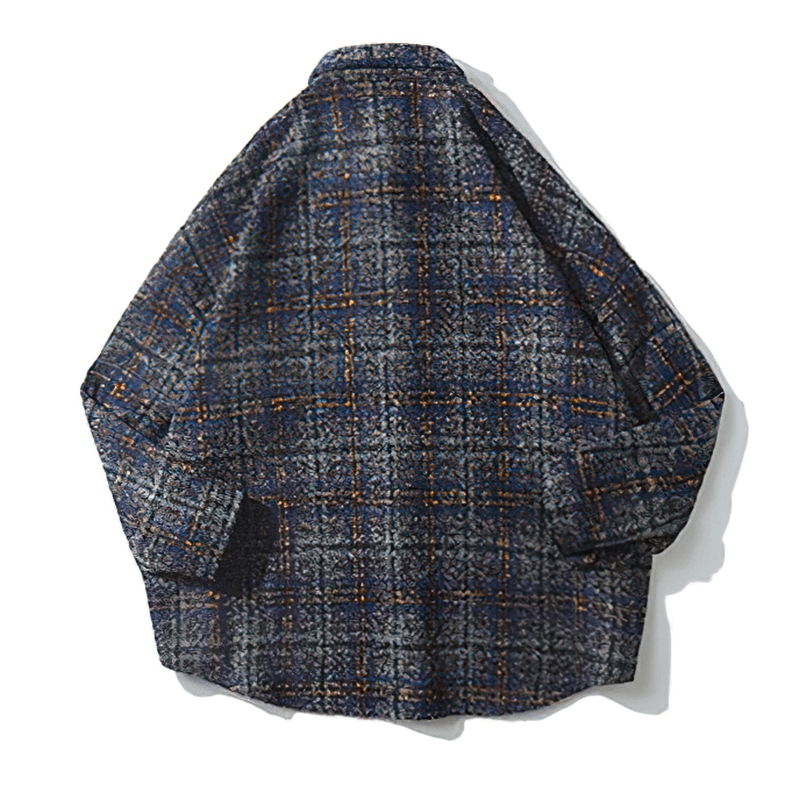 Back view of a thick woolen plaid shirt for men in blue and orange tones, perfect for casual wear.