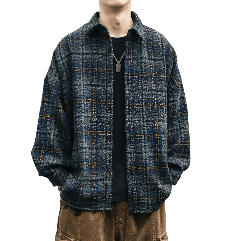 Men's thick woolen plaid shirt in casual style, featuring long sleeves and a trendy cut, perfect for everyday wear.