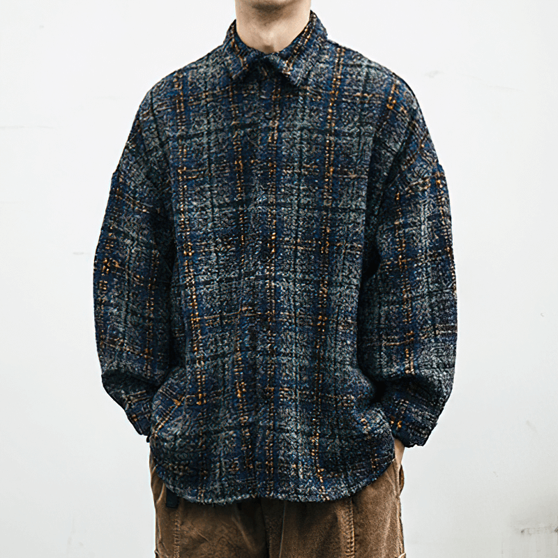 Men’s thick woolen plaid shirt in casual style with long sleeves, showcasing a stylish cut and cozy fabric.