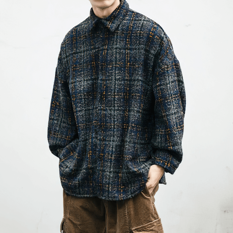 Men's thick woolen plaid shirt in casual style, featuring long sleeves and a comfortable fit, perfect for a stylish wardrobe update.
