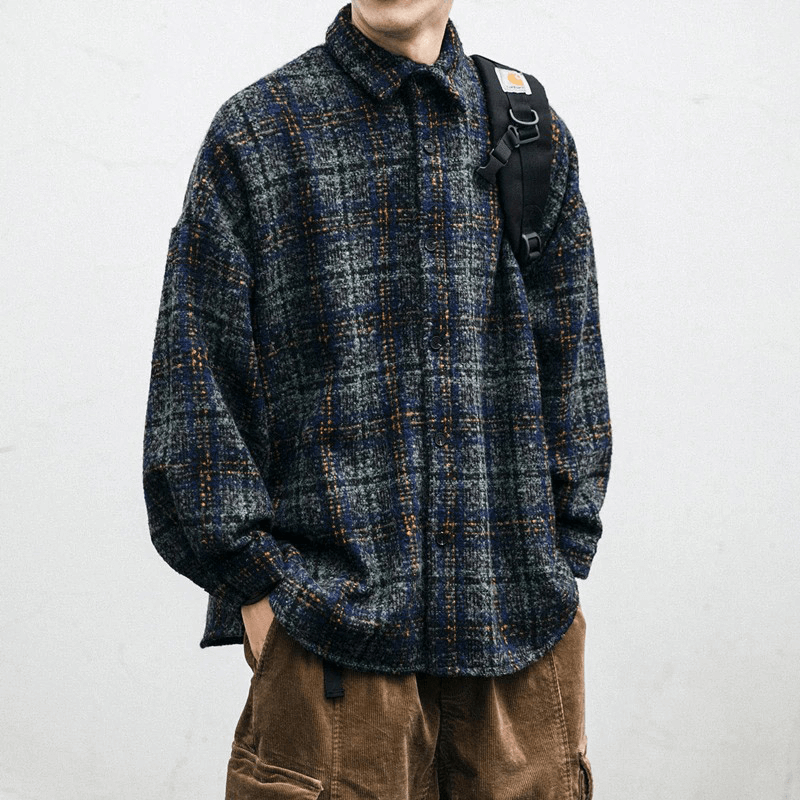 Stylish men’s thick woolen plaid shirt in casual style, perfect for cool weather and comfy wear.