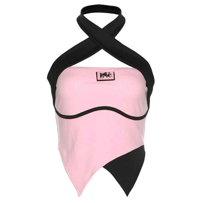 Stylish women's contrast color halter top in pink and black, perfect for adding a chic touch to any outfit.
