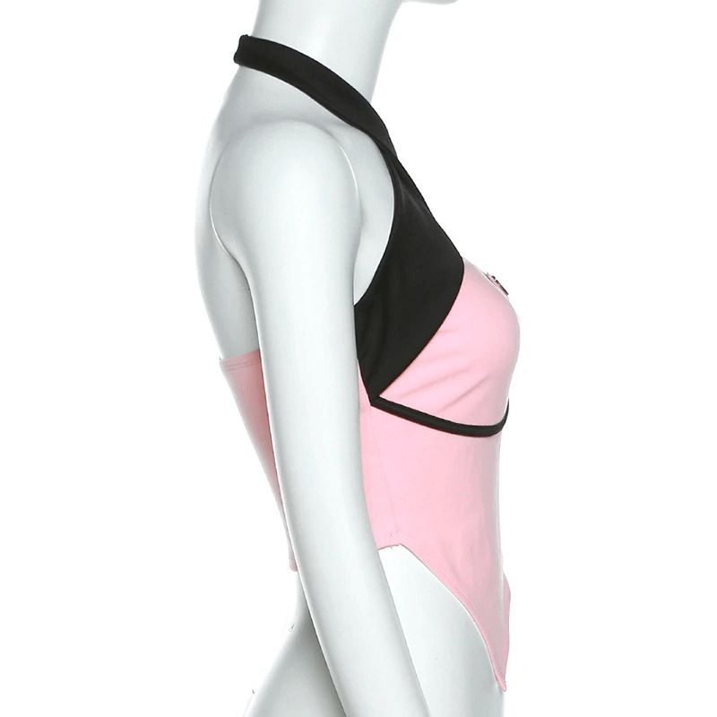Side view of women's sexy pink and black backless halter top in aesthetic style.