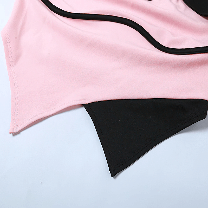 Contrast color halter top showcasing pink and black fabric, perfect for a stylish women's aesthetic wardrobe.
