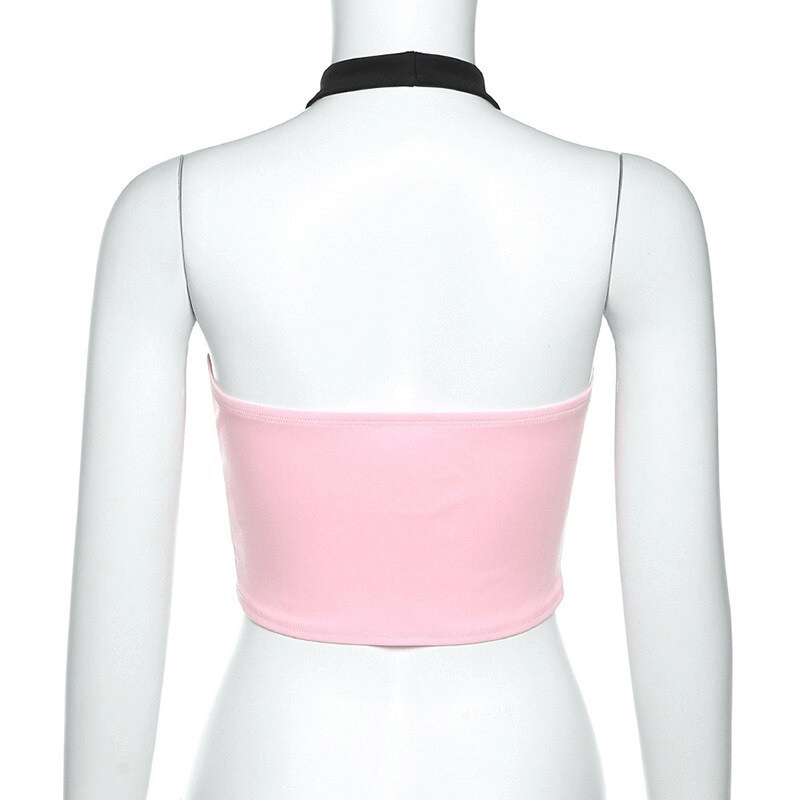 Contrast Color Halter Top / Sexy Pink and Black Backless Top / Women's Aesthetic Clothing