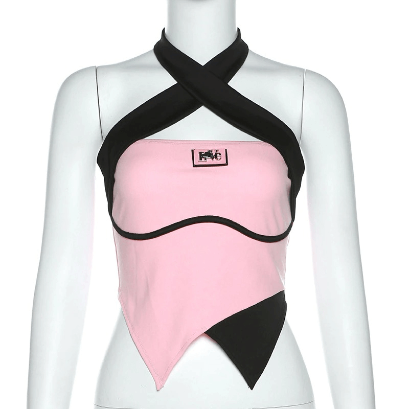 Women's pink and black contrast halter top, backless aesthetic style clothing for trendy outfits.