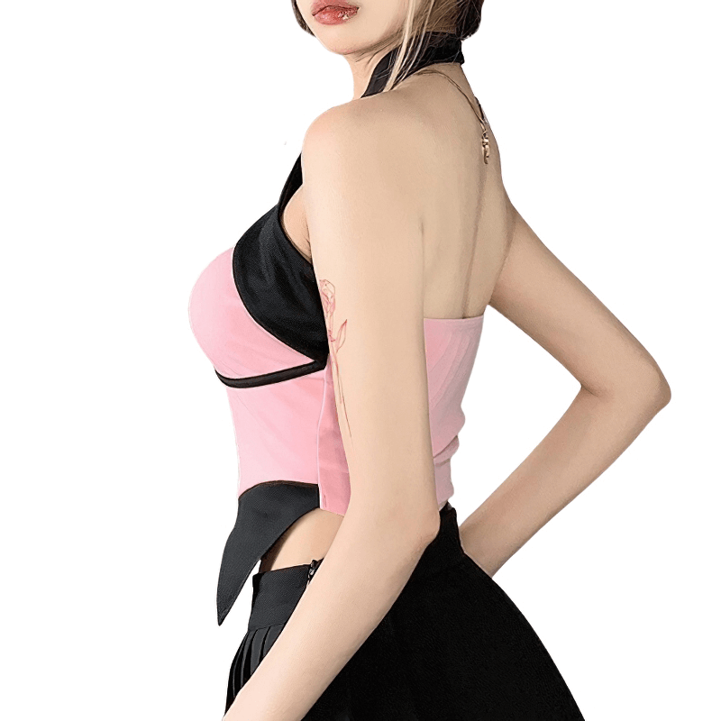 Contrast Color Halter Top / Sexy Pink and Black Backless Top / Women's Aesthetic Clothing Contrast Color Halter Top / Sexy Pink and Black Backless Top / Women's Aesthetic Clothing