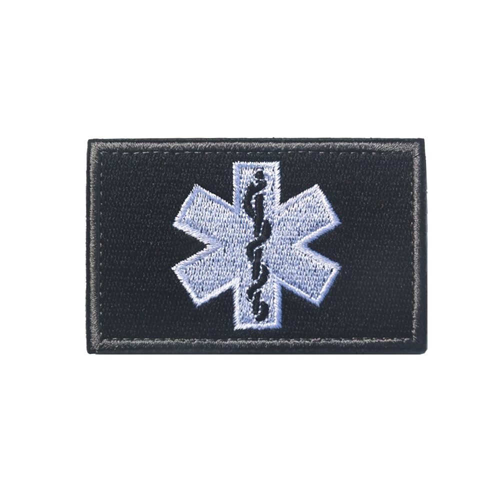 Cool unisex 3D tactical medical embroidered patch with black background and star of life design.