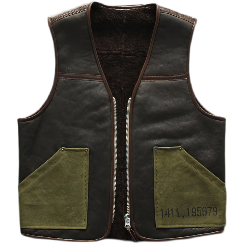 Cool Biker Vest / Black Leather Motorcycle Vest With Green Pockets / Vintage Vests For Men - HARD'N'HEAVY