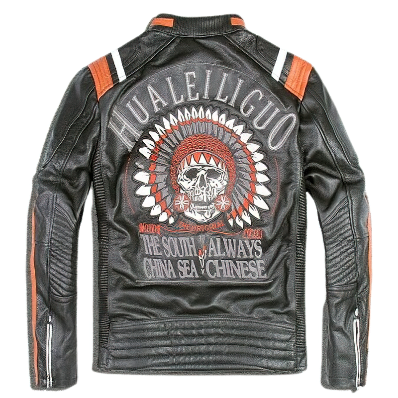 Black leather biker jacket with colorful embroidered back design and zippers, ideal for vintage biker style.