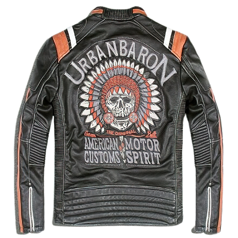Stylish Urban Baron vintage biker jacket in black leather with bold skull embroidery and orange accents.