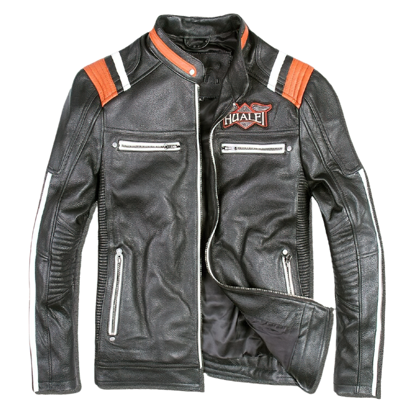 Cool vintage biker jacket in black leather with orange accents and stylish zippers, perfect for any biker enthusiast.