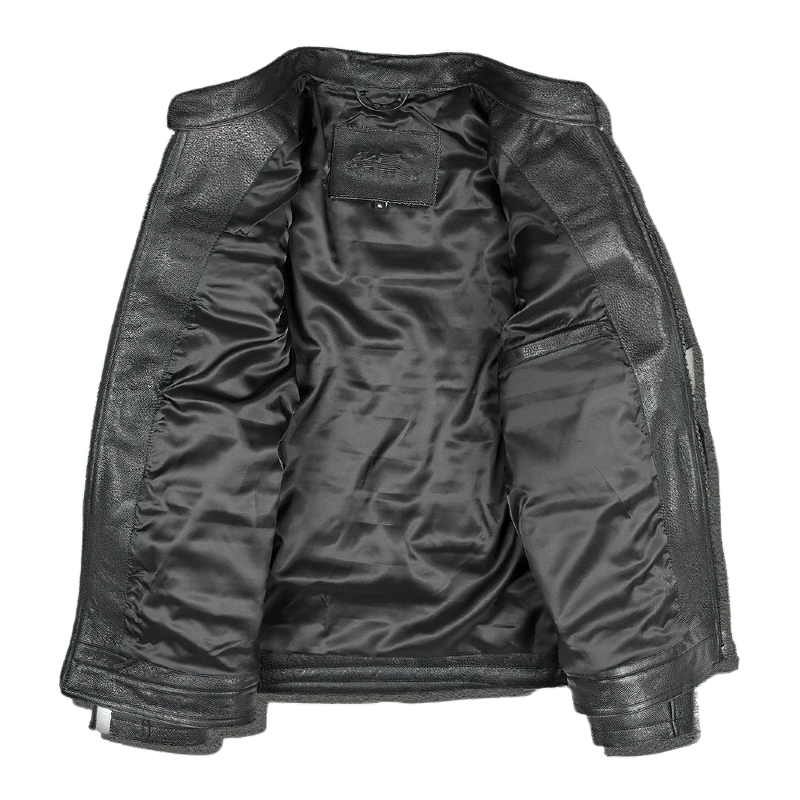Inside view of a cool vintage biker jacket showcasing genuine leather and sleek black lining.